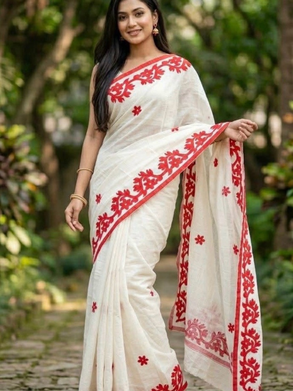 Elegant White Saree with Red Floral Embroidery
